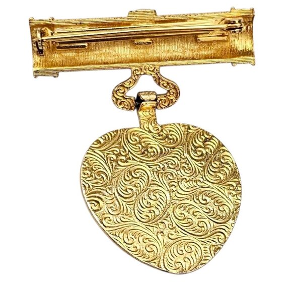 1928 Brand Gold Tone Blue Lace Agate Rose Quartz Brooch Heart Shell Inlay Dangle - Picture 5 of 8